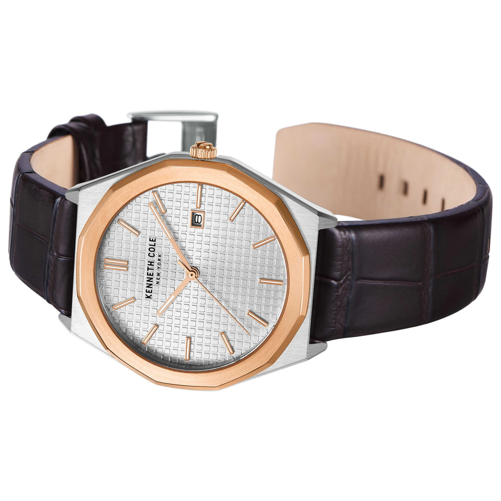 KENNETH COLE - BROWN LEATHER STRAP GOLD & SILVER TONE - RELOJ HOMBRE
